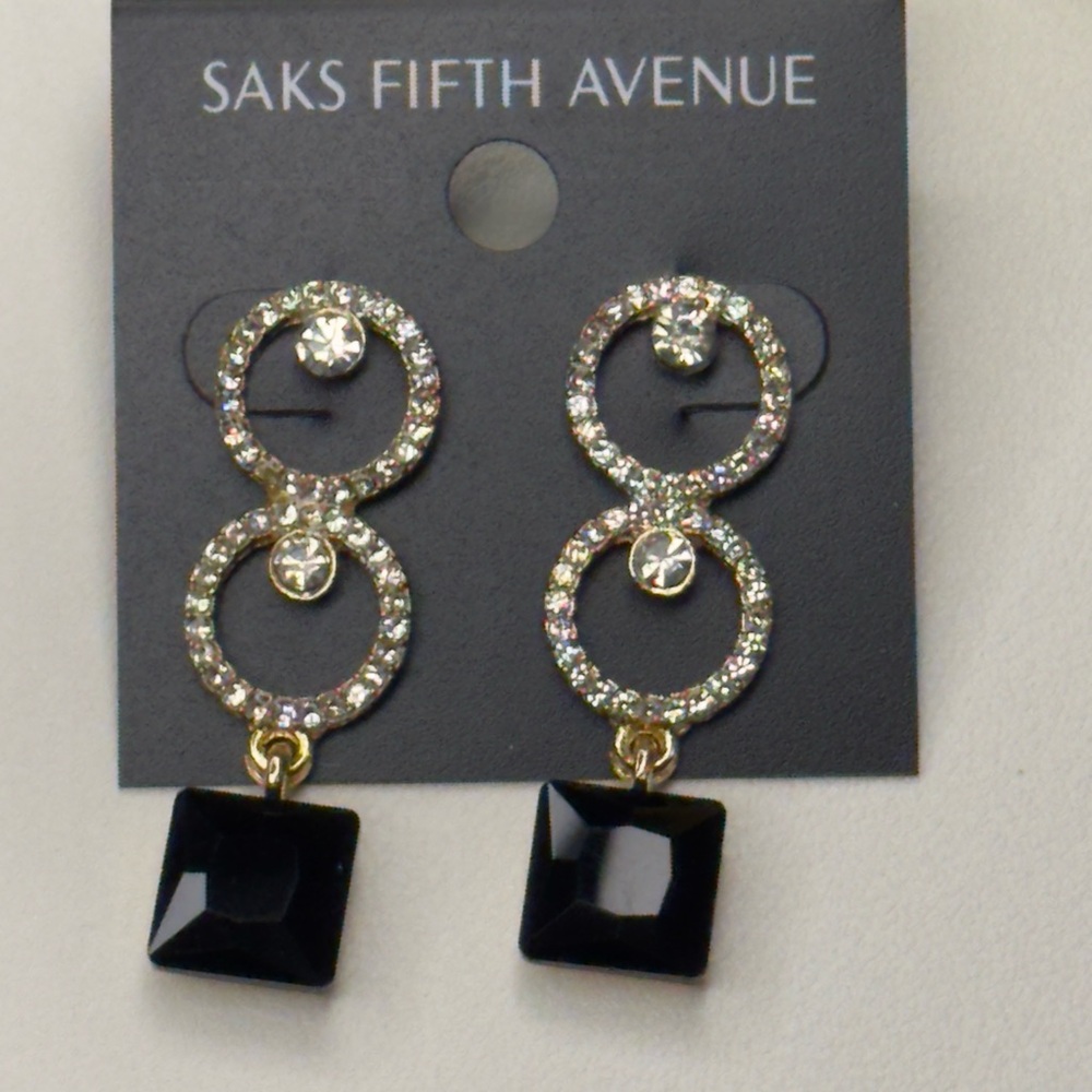 Saks Fifth Avenue Double Hoop Black Crystal Drop Earrings 2 inch